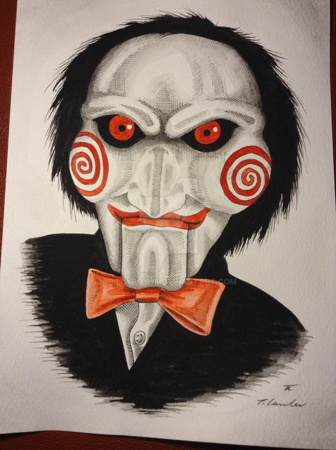 SAW BILLY PUPPET drawing/painting by billyboyuk on DeviantArt Saw Billy Puppet, Jigsaw Drawing, Billy Jigsaw, Puppet Drawing, Billy Puppet, Saw Drawing, Halloween Canvas Art, Horror Movie Tattoos, Scary Drawings