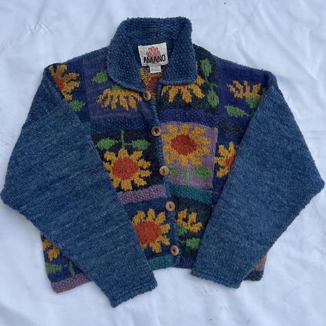 Gorgeous super rare vintage Amano patchwork... - Depop Amano Sweater, Funky Cardigans, Amano Knitwear, Aesthetic Cardigans, Sunflower Sweater, Thrift Manifestation, Thrift Wishlist, Knit Clothes, Vintage Knitwear