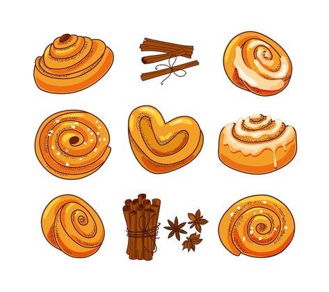 A set of buns with cinnamon and icing su... | Premium Vector #Freepik #vector #cinnamon-roll #sweets #sweet-food #confectionery Cinnamon Bun Illustration, Cinnamon Roll Clipart, Cinnamon Rolls Drawing, Cinnamon Roll Illustration, Cinnamon Roll Drawing, Buns Drawing, Barcelona Drawing, Homemade Recipe Books, Cinnamon Icing