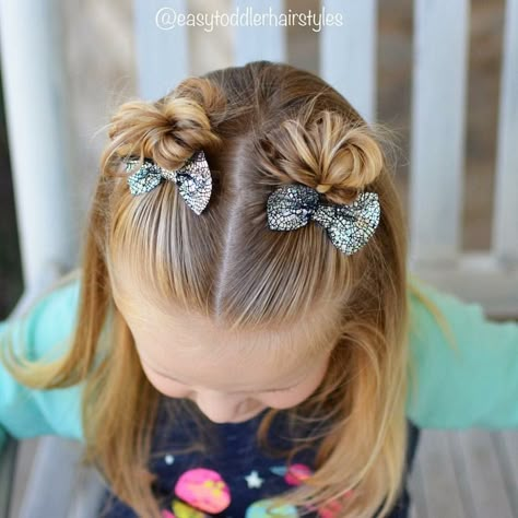 Half up pigtail buns with bows Girls Hairdos, Easy Toddler Hairstyles, Childrens Hairstyles, Toddler Hair Styles, Girl Hairdos, Girly Hair, Girls Hair Styles, Girl Hair Dos, Kids Hair Styles