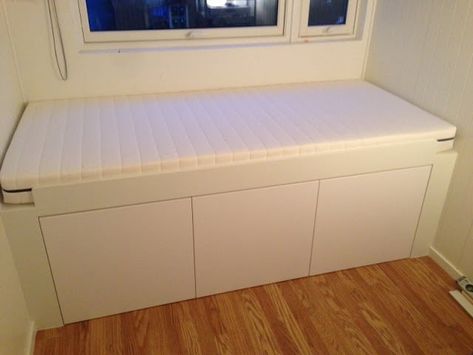 Materials: Applåd faktum top cabinet for fridge and mdf Ikea Storage Bed, Diy Seng, Cama Closet, Ikea Bed Frames, Hackers Ikea, Ikea Hack Storage, Billy Ikea, Diy Storage Bed, Bedroom Hacks