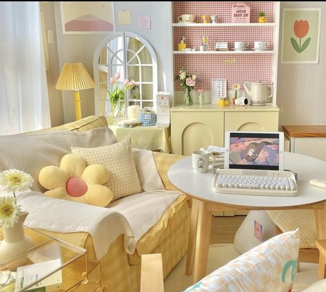 Pastel Yellow Living Room, Pastel Living Room, Flat Decor, Yellow Room, Dream Apartment Decor, Cute Bedroom Ideas, Pastel Room, Pink Home Decor, Cute Bedroom Decor