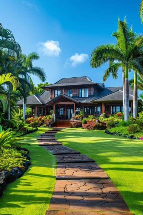 Tropical Mansion Exterior, Hawaii House Aesthetic Exterior, Summer Mansion Exterior, Rainforest Mansion, Hawaii Mansion Beach Houses, Luxury Outdoor Spaces, Modern Small House Design, Modern Bungalow House, Dream Life House