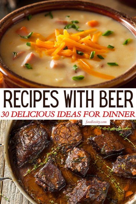 This diverse collection of 30 beer-infused recipes highlights the versatility and unique flavor that beer can bring to a range of dishes. Whether it's a comforting beer cheese soup, a crispy batch of beer-battered fish, or a decadent stout chocolate cake, each recipe offers a delightful twist, showcasing how beer can transform and elevate everyday cooking. Food With Beer Recipes, Recipes To Use Up Beer, Beer Infused Food, Recipes With Beer In Them, Recipes Using Beer, Cooking With Beer Recipes, Beer Recipes Food, Recipes With Beer, Marinated Grilled Vegetables