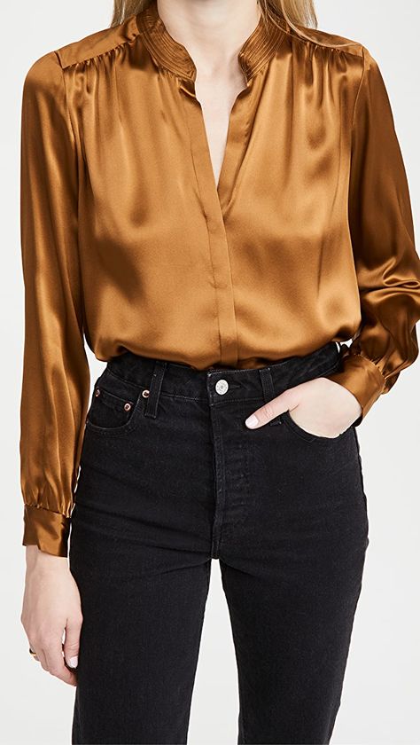 L'AGENCE Bianca Band Collar Silk Blouse | SHOPBOP Band Collar Blouse, Stylish Office Wear, Outfit Elegantes, Fashion Design Patterns, Satin Blouses, Office Outfit, Formal Outfits, Band Collar, Formal Outfit