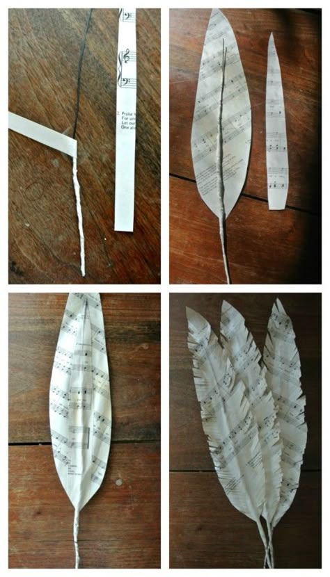 Feather Collage Sheet Music Crafts, Recycled Paper Crafts, Old Book Crafts, Paper Feathers, Book Page Crafts, Music Crafts, Instruções Origami, Newspaper Crafts, Feather Crafts