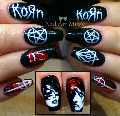 Korn Acrylic Nails, Rock Band Nail Art, Ghost Band Nail Art, Heavy Metal Nail Art, Korn Nail Ideas, Korn Band Nails, Korn Nail Art, Band Nails Rock, Rock Band Nails