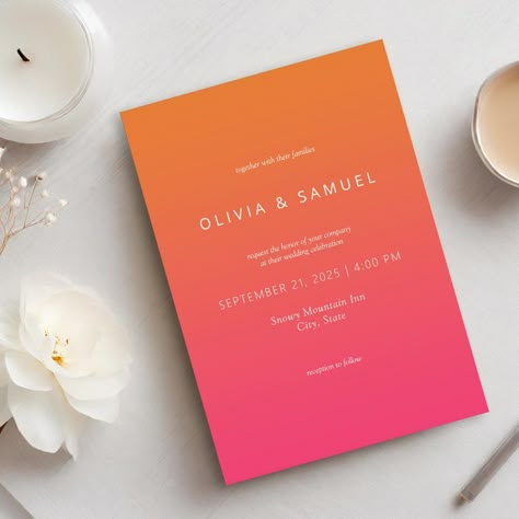 Modern Minimalist Simple Orange Pink Wedding Invitation Colourful Invitations, Pink And Orange Wedding Theme, Pink And Orange Invitations, Pink And Orange Retro Wedding, Orange Pink Wedding, Wedding Invitations Sunset Colors, Sunset Wedding Stationery, Pink Orange Wedding, Sunset Wedding Invitations