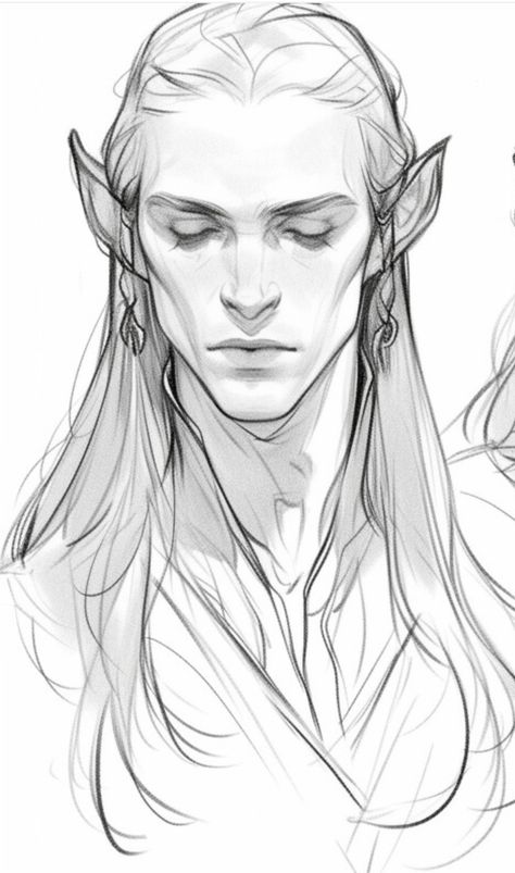 Fantasy Person Drawing, Drawing Profile Reference, Elven Drawings Fantasy Art, Crown On Head Drawing Reference, D&d Druid Art, Person With Antlers, Elf Art Sketch, Men Base Drawing, Elf With Antlers