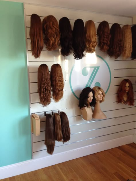 Wig display for wig salon in Brooklyn Wig Display Wall, Wigs Display Ideas, Wig Salon Ideas, Wig Shop Interior Design, Wig Buisness, Wig Display Ideas, Wig Store Ideas, Wig Organization, Wig Storage Ideas