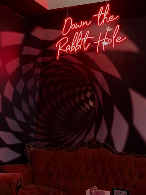 Alice In Wonderland Room Aesthetic, Dark Wonderland Aesthetic, Kooky Aesthetic, Funhouse Aesthetic, Alice In Wonderland Aesthetic Room, Neon Wonderland, Big Rabbit, Alice In The Wonderland, Alice In Wonderland Room