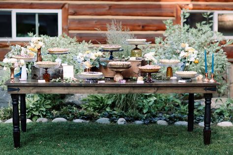 Wedding Pie Table, Pie Dessert Table, Pie Bar Wedding, Lakefront Wedding, Wedding Pie, Backyard Reception, Dessert Bar Wedding, Tahoe California, Wedding Display