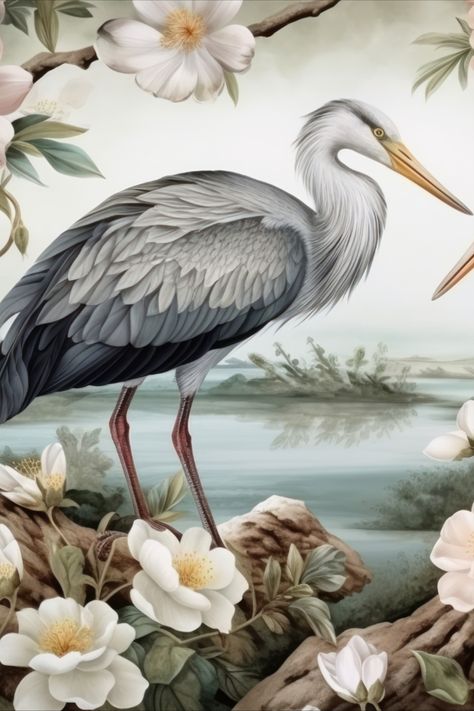 Transform your space into a peaceful haven with the Serene Heron Lake Wall Mural from Giffywalls. This stunning mural captures the calming beauty of a heron by the lake, surrounded by serene landscapes that evoke relaxation and harmony.  #WallMural #HeronLake #HomeDecor #TranquilSpaces #NatureInspired #InteriorDesign #Giffywalls #WallArt Parrot Wallpaper, Birds Wallpaper, Wallpaper For Wall, Bird Wallpaper, By The Lake, Bird Patterns, Bird Design, Wall Mural, Pattern Wallpaper