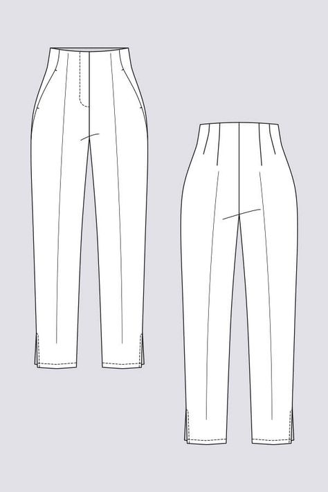 high waisted, midi-length, straigh leg pants. curved seams at the hip and waist, In-seam side pockets, zip gly fastening at the front (switch to the back) Pants Technical Drawing, Flat Pants, Pants Drawing, Trousers Pattern, Trouser Pattern, Patron Vintage, Flat Drawings, Sewing Pattern Shop, Fashion Drawing Sketches