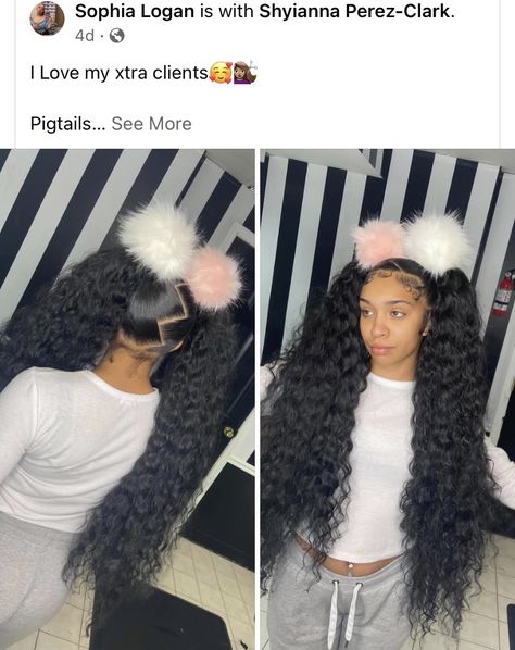 2 Curly Pigtails With Weave, Two High Ponytails With Weave Curly, Frontal Pigtail Hairstyles, Weave Hairstyles Two Ponytails, Cute Pigtail Hairstyles For Black Women, High Pigtails Hairstyles For Black Women, Curly Pig Tails Black Women, 2 High Ponytails With Weave, 2 Pig Tails Hairstyles