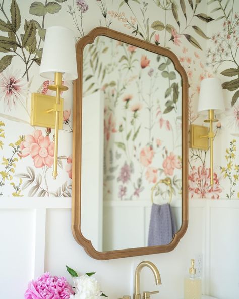 Let your walls bloom with this cheerful floral wallpaper design! 🌸🌼 @mrsjuliemunro || big floral wallpaper Wallpaper On Angled Ceiling, Bathroom Wainscotting And Wallpaper, Big Floral Wallpaper, Half Wall Wallpaper, Modern Bedroom Wardrobe, Floral Wallpaper Nursery, Botanical Bathroom, Bohemian Wallpaper, Perfect Nursery