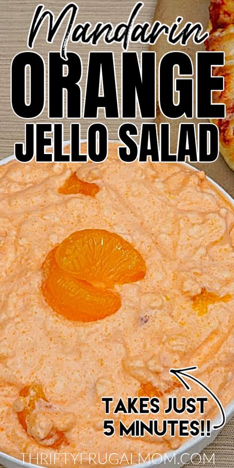 This creamy Mandarin Orange Jello salad is such a fun side dish! It combines cottage cheese, juicy mandarin oranges, Jello and real whipped cream for delicious quick and easy favorite. #thriftyfrugalmom #cottagecheese #orangejello #jellosalad #sidedish Mandarin Orange Jello, Mandarin Orange Jello Salad, Orange Jello Salad, Real Whipped Cream, Jello Fruit Salads, Orange Jello Salads, Orange Salad Recipes, Jello With Fruit, Congealed Salad