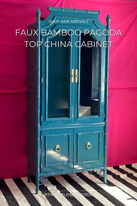 Bamboo China Cabinet, Black And White Colonial, Vintage Furniture Makeover, Painted China Cabinets, Painted Wicker, High Gloss Paint, Blue Furniture, Colonial Decor, Bamboo Furniture