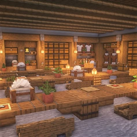 ExecutiveTree - Minecraft on Instagram: “Minecraft: Workshop Design . A large open room with lots of space for storage! The walls can be replaced with more chests and you can…” Restaurant Interior Minecraft, Minecraft Brewing Room Design, Dining Hall Minecraft, Minecraft Stable Interior, Outdoor Enchanting Room Minecraft, Minecraft Pirate Ship Interior, Minecraft Inn Interior, Minecraft Restaurant Ideas Interior, Minecraft Brewery Room