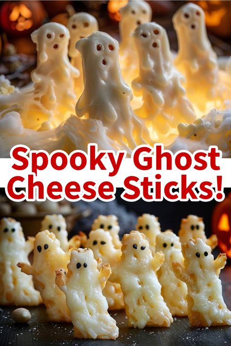 Ghost-shaped cheese sticks arranged on a table with a spooky background. Cheese Stick Ghosts, Ghost Themed Snacks, Ghost Cheese Ball, Halloween Cheese Sticks, Easy Halloween Appetizers For Adults, Ghost Appetizers, Halloween Quesadillas, Ghost Snacks, Halloween Appetizers For Party Adults