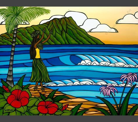 Hula Girl Heather Brown Art, North Shore Oahu, Beach Artwork, Posca Art, Brown Painting, Hawaii Surf, Yellow Sky, Heather Brown, Hula Girl