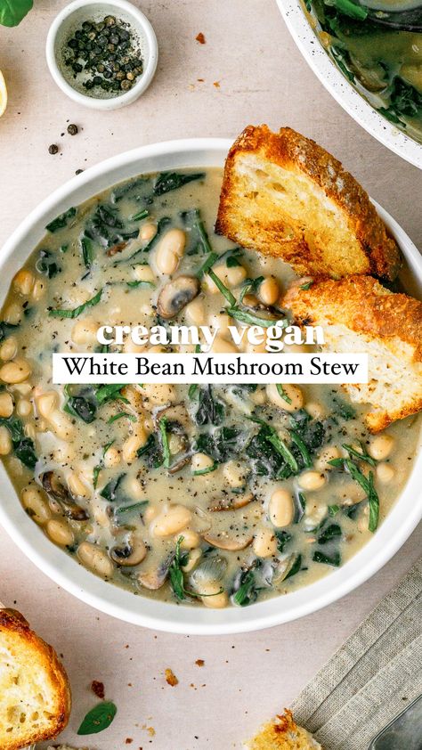 The comforting flavors of this One-Pot White Bean Mushroom Stew make the perfect plant-based and protein-packed lunch or dinner. This dairy-free & plant-based recipe is made with white beans, mushrooms, and greens. Learn how to make this satisfying vegan stew in just one pot in less than 30 minutes. Vegan Bean Recipes, White Bean Recipes, Mushroom Stew, Fall Vegan Recipes, Vegan Stew, Meatless Monday Recipes, Bean Stew, Main Dish Salads, White Bean