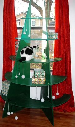 Black Christmas Tree Ideas, Cat Proof Christmas Tree, Christmas Tree Black, Evergreen Color, Cat Furniture Design, Black Christmas Tree, Cat Proofing, Cat Towers, Cat Christmas Tree