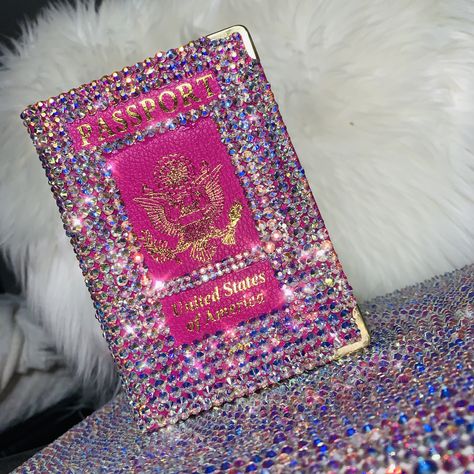 Handmade Item Made to order   Passport covered in Swarovski crystal rhinestones.  Each rhinestone is hand placed. This passport will certainly add some glam to your travel.   Perfect gift for a friend!   Swaorvski Passport Holder is the perfect accessory if you are looking for - Something which can make you stylish, elegant and gorgeous -A design which comes from your own inspiration or creativity -Something which can illuminate you Cute Passport Holder, Rhinestone Things, Crazy Purses, Diy Bedazzled, Bedazzled Things, Vision Wall, Pink Passport, Bling Ideas, Chanel Art