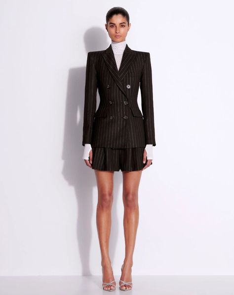 Who What Wear Podcast: NYFW 2024 Trends | Who What Wear Scarf Jacket, Turtleneck Bodysuit, Alex Perry, Pinstripe Suit, Runway Trends, High Neck Long Sleeve, Blazer And Shorts, Pleated Shorts, Fitted Blazer