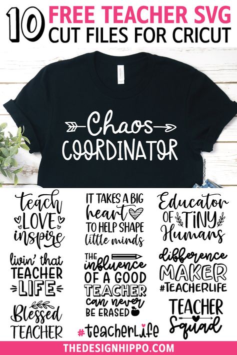 10 cute and funny teacher svg free files for Cricut to make shirts, mugs, signs, tumblers, tote bags and more. Perfect for Back to School, Teacher Appreciation, End of School Year, Christmas, Thanksgiving, First Day of School. This teacher SVG bundle includes following quotes - teach love inspire svg, chaos coordinator svg, blessed teacher svg, teacher life svg, teacher squad svg, difference maker svg, the influence of a good teacher can never be erased svg. via @thedesignhippo The Influence Of A Good Teacher Svg Free, Teacher Cricut Gifts, Teacher Cricut, Cute Teacher Shirts, Preschool Teacher Shirts, Teacher Shirt Svg, Free Svgs, Chaos Coordinator, Free Teacher