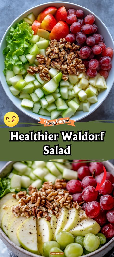 Reinvent a classic with this Healthier Waldorf Salad, where crisp apples, juicy grapes, and crunchy walnuts come together in a lighter yogurt-based dressing. It’s a fresh take on the traditional recipe, offering a wholesome yet delicious side that pairs well with any meal. #WaldorfSalad #HealthyChoices #ClassicSalads Waldorf Salad With Yogurt, Modern Waldorf Salad, Apple Salad Recipe Waldorf, Waldorf Salad Dressing, Kid Friendly Salads, Waldorf Salad Recipe Healthy, Apple Waldorf Salad, Classic Waldorf Salad, Apple Salad Recipe