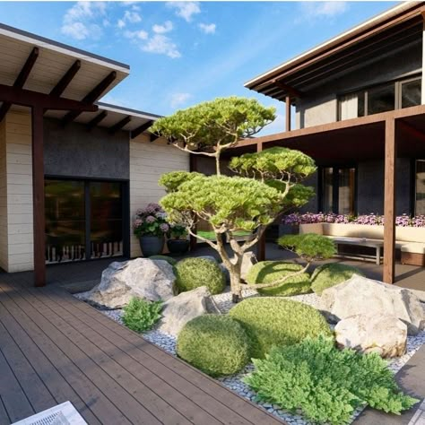 Japanese Garden Front Yard, Japanese Front Yard, Japan Garden Design, Japanese Zen Garden Landscaping, Small Pools For Small Yards, Landscape Ideas Modern, Front Lawn Landscape Ideas, Korean Garden, Backyard Lazy River