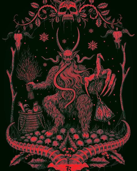 🕸 𝕴𝖘𝖎𝖘 🕸 on Instagram: “Gruß vom Krampus, my fiends! 👹❄ Tonight is Krampusnacht, will he be paying you a visit? 💀 ×× art by: Luciana Nedelea ××” Krumpas Christmas, Creepmas Wallpaper, Krampus Aesthetic, Krampus Wallpaper, Navidad Dark, Krampus Illustration, Krampus Night, Christmas Mural, Wallpaper Goth