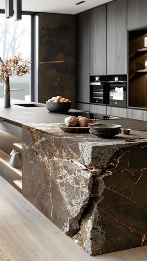 Dark Stone Kitchen, Stone Kitchen Design, Island Marble, Interior Design Mistakes, Stone Kitchen Island, Kitchen Island With Stove, Scale And Proportion, Pantry Inspiration, Modern Kitchen Interiors