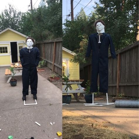 Holidays from Hell — Michael Myers and Jason lawn decorations. PVC pipe... Michael Myers Diy Decor, Poultry Fencing, Diy Halloween Animatronics, Graveyard Decorations, Backyard Halloween Party, Michael Meyers Halloween, Halloween Lawn Decorations, Horror Themed Party, Michael Meyers