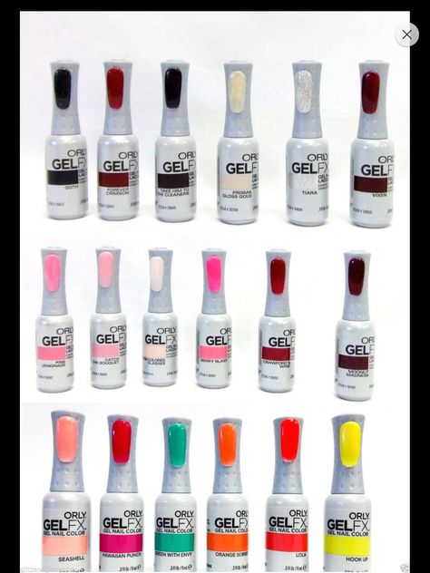 GelFX colour palette. I don't have all of these. Sorry. Essie Nail Polish Colors, Nail Tech School, Orly Gel Fx, Shellac Nail Polish, Nail Polish Gel, Nail Polish Kits, Gel Nail Colors, Shellac Nails, Gel Polish Colors