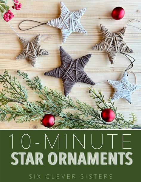 Homemade Tree Decorations For Kids, Yarn Stars Ornament, Cheap Homemade Ornaments, Easy Handmade Ornaments Christmas, Twine Star Ornament, Stick Stars Diy, Family Holiday Craft Ideas, Twine Wrapped Stars, Easy Cheap Christmas Ornaments