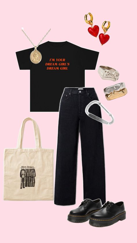 Chappell Roan Merch - MUNA Carabiner - Sapphic Style - Lesbian Outfits - Black Jeans, Doc Martens, Sappho Necklace, Chappell Roan Merch, Phoebe Bridgers Tote Lesbian Outfits, Nyc Outfits, Black Jeans Outfit, Phoebe Bridgers, Chappell Roan, Date Outfits, Girls Dream, Doc Martens, Black Outfit