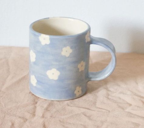 Blue Mugs Aesthetic, Blue Mug, Blue Coffee Mugs, Clay Cup, Blue Cups, Cloud Painting, Pottery Cups, Aesthetic Painting, White Aesthetic