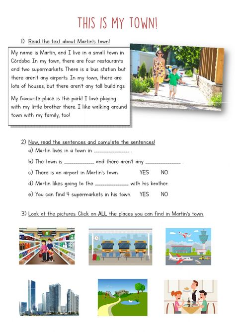 My Town Activities, First Grade Reading Comprehension, Reading Comprehension For Kids, Reading Comprehension Lessons, English Teaching Resources, Reading Test, School Images, Learning English For Kids, Foreign Language Learning