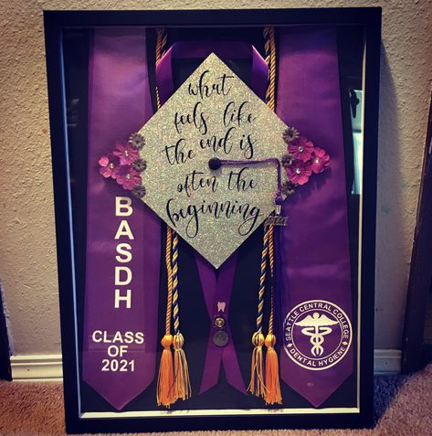 How To Display Graduation Cords, College Diploma Display Ideas, Graduation Cords Display, Framed Cap And Gown Graduation, Dental Hygiene School Graduation Caps, Graduation Stole Display, Graduation Cap Shadow Box Display, Graduation Cap Frame Ideas, Graduation Regalia Display