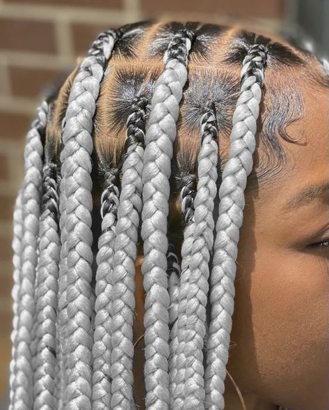 Grey Braiding Hair, Grey Hair Braids Hairstyles, Silver Box Braids Black Women, Gray Box Braids Hairstyles, Black And Grey Knotless Braids, Grey Knotless Box Braids, Gray Knotless Box Braids, Black And Grey Braids, Gray Knotless Braids