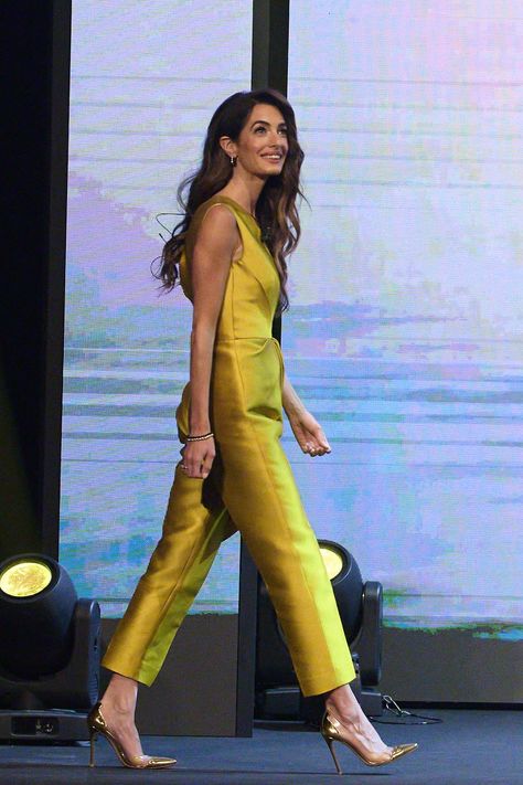 Amal Alamuddin, Gold Jumpsuit, Satin Jumpsuit, Amal Clooney, Yellow Satin, One Shoulder Jumpsuit, Going For Gold, Jumpsuit Summer, George Clooney