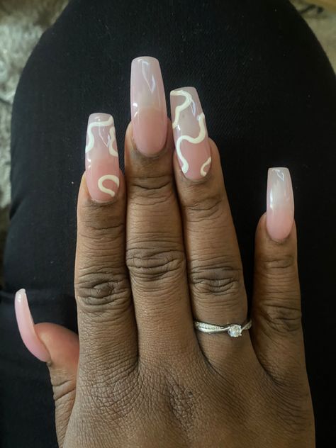 Square White Swirl Nails, Short Square Acrylic Nails Swirl Designs, Pink Swirl Nails Square, Swirly Nail Designs Square Nails, Pink Abstract Nails Square, Round Gel Nails, Nail Abstract, Square Nail, Long Nail