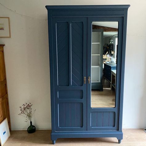 Navy Armoire, Blue Wardrobe, Blue Room, Night Stands, Blue Rooms, Dream Spaces, Creative Home, Blue Aesthetic, Mirror Door