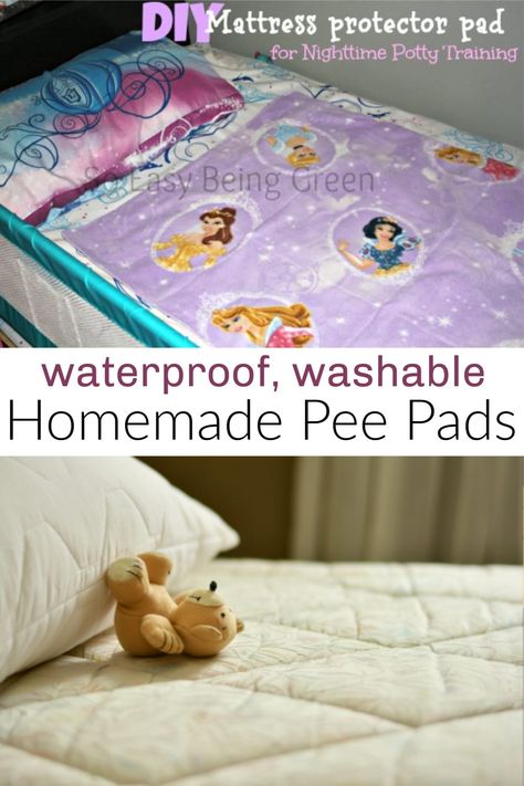 Nighttime potty training is hard on everyone - this homemade waterproof pee pad for kids keeps sheets dry at night and costs pennies to make! Diy Mattress Pad, Diy Puppy Pee Pads, Diy Incontinence Pads, Diy Incontinence Bed Pads, Fleece Nap Mat, Kids Fleece Blanket Size, Diy Cloth Pads, Washable Puppy Pads, Diy Mattress