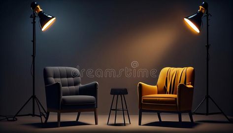 Stylish interior, two chairs, studio light, interview scene. Al stock photography Podcast Studio Chairs, Podcast Studio Lighting, Interview Studio Set Design, Home Podcast Studio Setup, Small Podcast Room Ideas, Estudio Podcast, Podcast Set Design, Podcast Studio Design, Interview Room