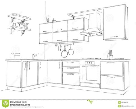 Sketch Contour Drawing Of 3d Modern Corner Kitchen Interior Black And White Stock Illustration - Illustration of interior, area: 86149288 Kitchen Isometric View, Isometric View Of Kitchen, Isometric Kitchen Drawing, Modern Corner Kitchen, Kitchen Interior Black, Kitchen Sketch, Log Home Kitchens, View Illustration, Drawing Furniture