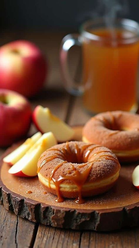 Caramel Apple Cider Donuts Caramel Donut, Donut Making, Caramel Apple Cider, Apple Donuts, Quick Easy Recipes, Creamy Pudding, Apple Cider Caramels, Cinnamon Sugar Donuts, Hot Apple Cider