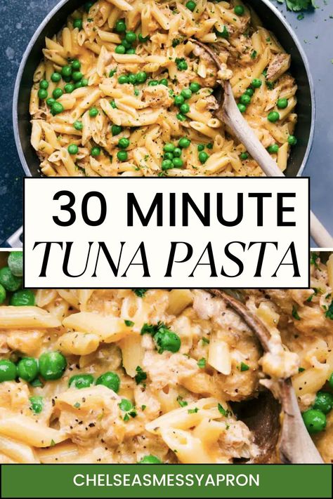 This cheesy and comforting cheesy Tuna Pasta with peas can be made in one skillet and is ready in 30 minutes or less! #dinner #best #quick #easy #simple #30minute #tunapasta Tuna Pasta With Peas, Cheesy Tuna Pasta, Pasta And Tuna Recipes, Tuna And Pasta Recipes, Tuna Pasta Recipes, Recipes With Tuna, Tuna Dinner, Pasta With Tuna, Tuna Dinners